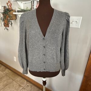 Charter club 100% cashmere cardigan sweater womens size medium gray puff sleeve